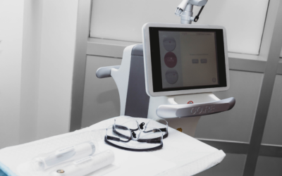 Goggles on table next to tablet on stand
